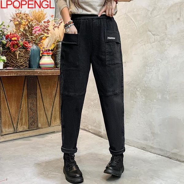 

women's jeans solid color vintage high waist elastic baggy womens fashion casual harem pants denim winter keep warm, Blue