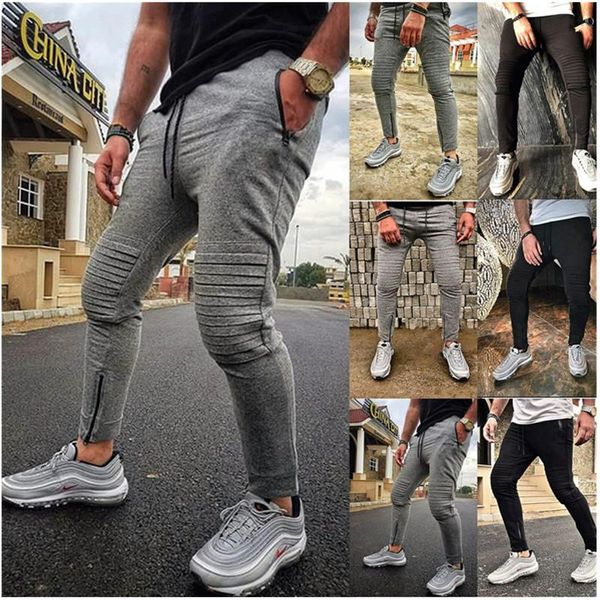

men's pants 2021 summer solid color striped fold design small feet tethered casual sports fitness trousers, Black