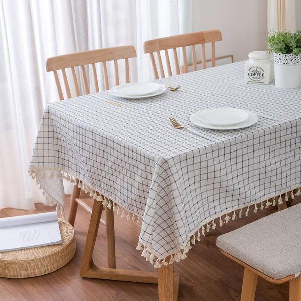 

table cloth ins wind tablecloth cotton and linen mediterranean white blue checkered literary coffee tassel cover towel