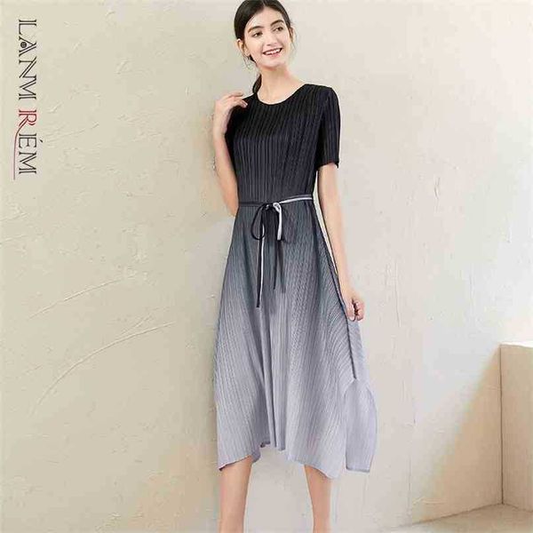 

women pleated big size gradient bandage dress round neck short sleeve loose fit fashion summer 2e1579 210526, Black;gray