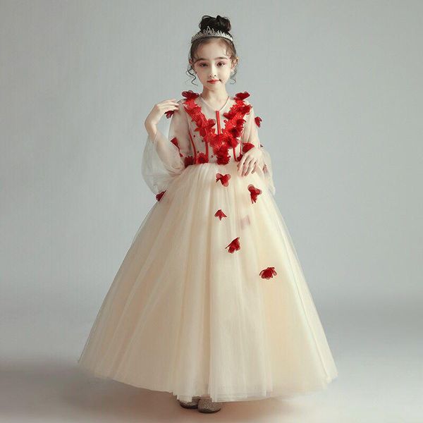 

girl's dresses flower girl illusion v-neck beading embroidery appliques princess floor-length tulle three quarter kids party gown h377, Red;yellow