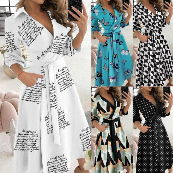 

casual dresses shirt style button dress women fashion long street large size loose home commuter printed 2021 design, Black;gray