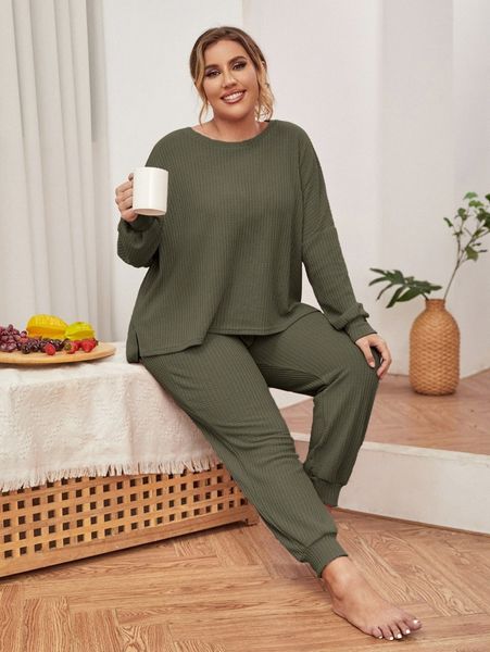 

plus waffle knit high low hem pj set v89q#, Black;white