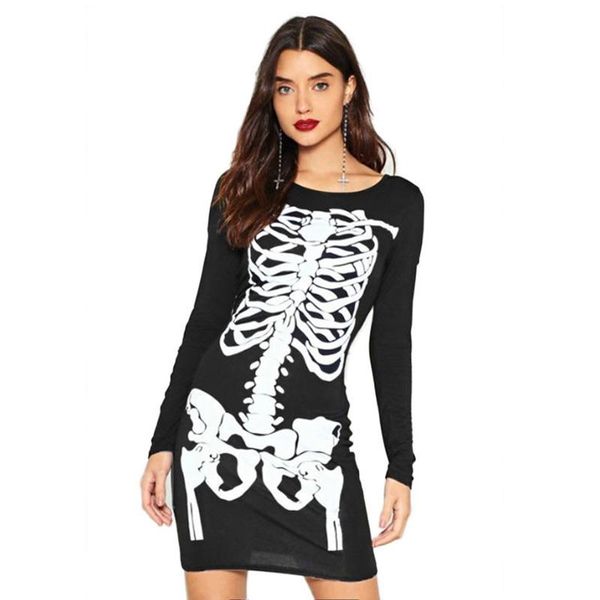 

casual dresses halloween dress women punk skinny long sleeves skull print female streetwear black vestidos, Black;gray