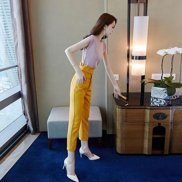 

women spring summer vintage loose sets lady o-neck short sleeve + harem pant 2 piece set female casual solid suit h834 women's two pan, White