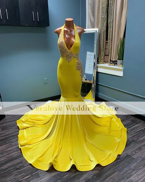 

yellow african prom dress mermaid 2022 halter velour formal event gowns occasion party wear custom size, Black