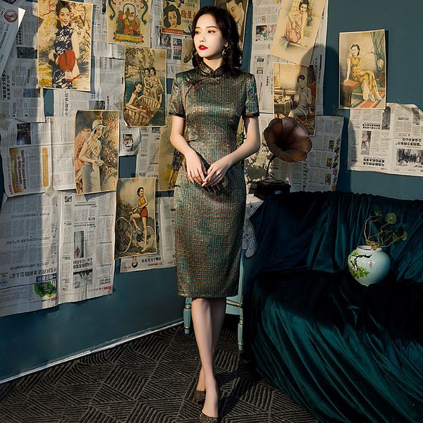 

chinese vintage short sleeve rayon satin qipao elegant plaid printed cheongsam ladies festival party split wedding dress, Red