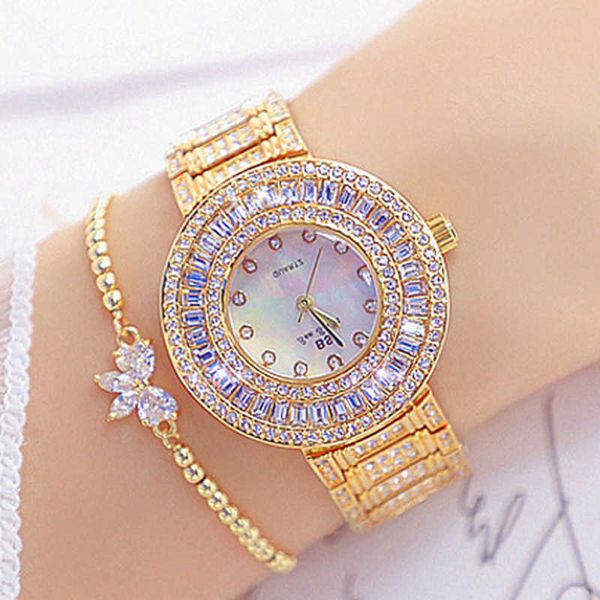 Orologio d'oro Orologio da polso da donna dorato in cristallo di quarzo con diamanti di marca famosa Feminino Montres Femme 210616