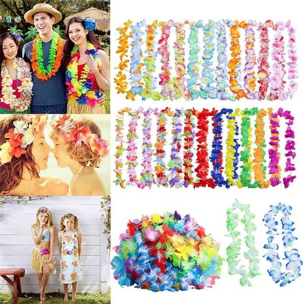 50pcs / 100pcs collana hawaiana tropicale Hawaii panno corona di fiori decorazioni per feste ghirlande ghirlande decorazioni artificiali 211104
