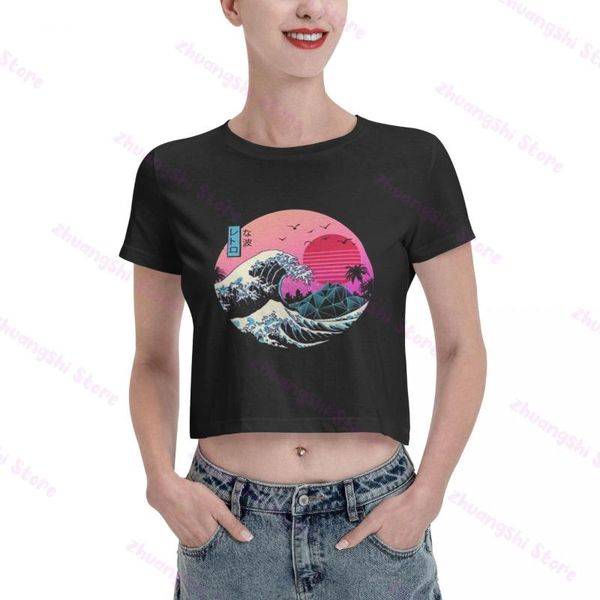

women's t-shirt retro 1980s great off kanagawa short crop for women, White