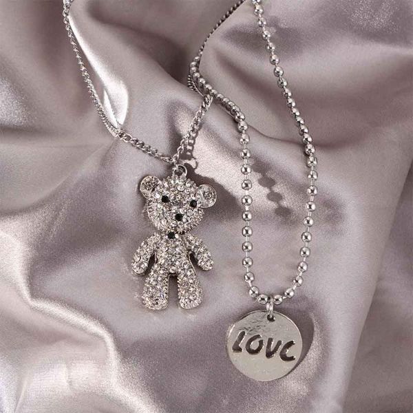

chains korean jewelry necklace set exquisite double layered bear fashion temperament versatile female necklaces, Silver