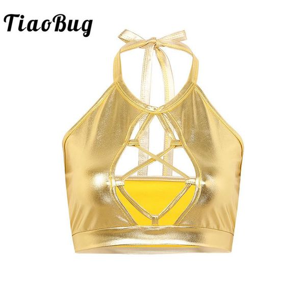 

women bikini bra crop wetlook metallic halter front hollow backless swimwear nightclub party festival rave costume two-piece s