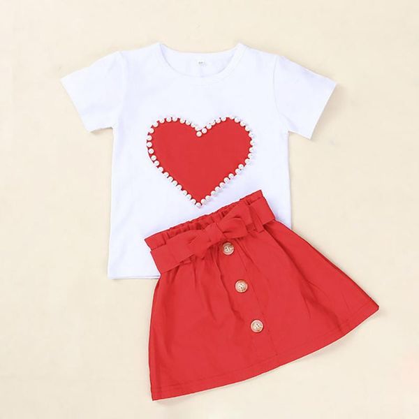 

children's summer casual outfits for girls love pearl sjort sleeve t-shirt and solid skirt infant holiday 2pcs set clothing sets, White