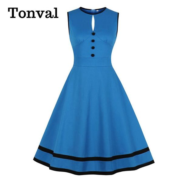 

casual dresses tonval cut out button front high waist rockabilly vintage style for women 2021 blue sleeveless robe cotton slim dress, Black;gray