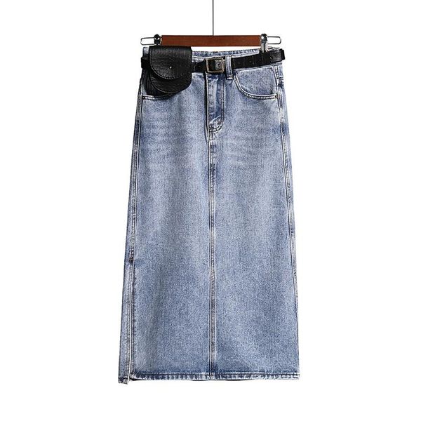 

split cotton long denim skirt women belted pockets jeans skirts summer korean high waist a-line pencil casual 2021, Black