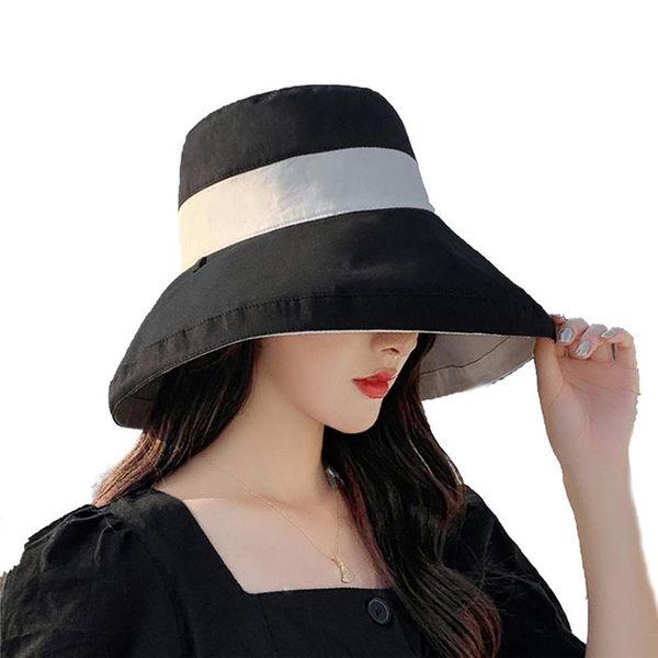 

fashion women beach holiday uv protection sun hat reversible foldable fisherman caps fresh stripe color-contrast outdoor hats, Black;white