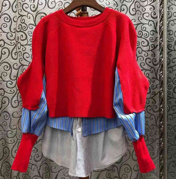 

autumn fashion loose sweater shirt korean version plaid striped patch knitted pullovers a3863 210428, White;black