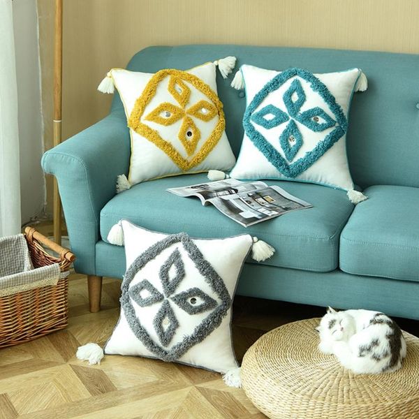 

pillow case t21d morocco style tufted throw with tassel tribal boho geometric diamond pattern sequins decorative cushion cover