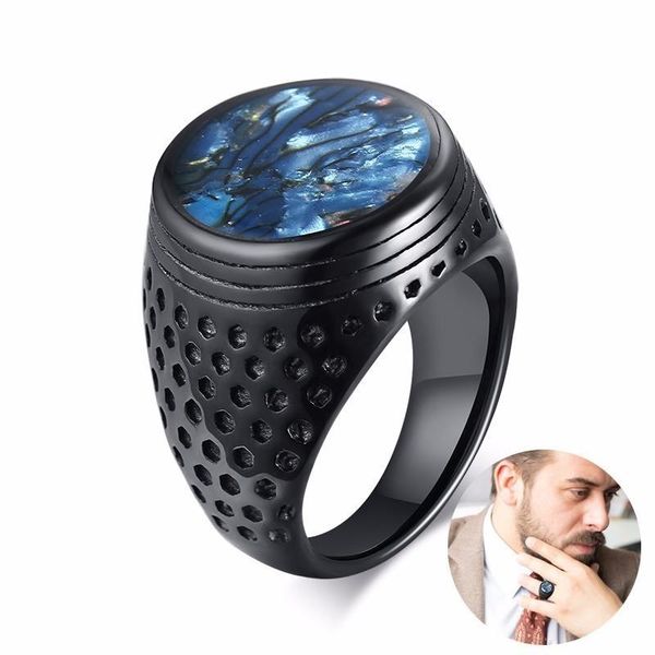 

cluster rings men flat signet ring black stainless steel abalone shell heavy arabic fahson wedding band husband gifts, Golden;silver