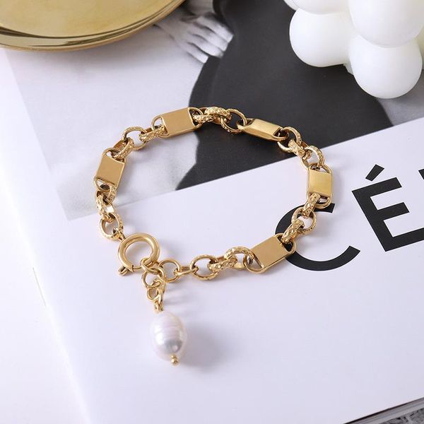 

link, chain stainless steel freshwater pearl bracelet minimalist temperament for women gothic style jewelry 2021 pulseira feminina, Black