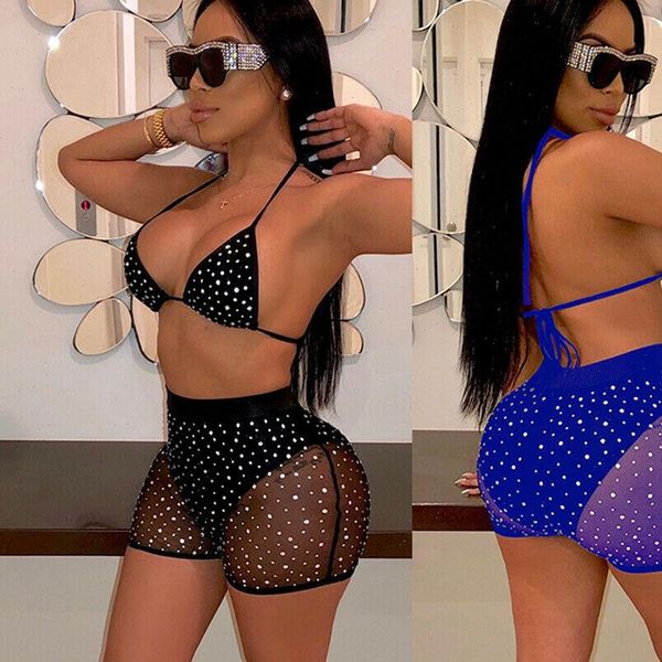 

bra short rhinestone womens tracksuits crystal mesh push up suit 2pcs bikini set bathing beach wear, Gray