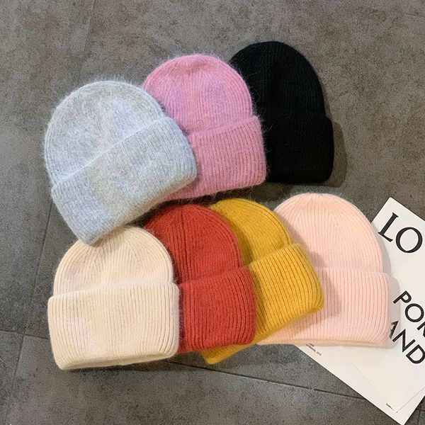 

new rabbit hair wool hat pure color simple autumn and winter warm ear protection knitted cold hats, Blue;gray
