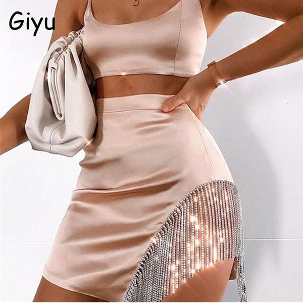 

giyu satin dress women 2021 summer autumn club party diamond tassel sparkle mini dresses spaghettic strap bodycon vestidos casual, Black;gray