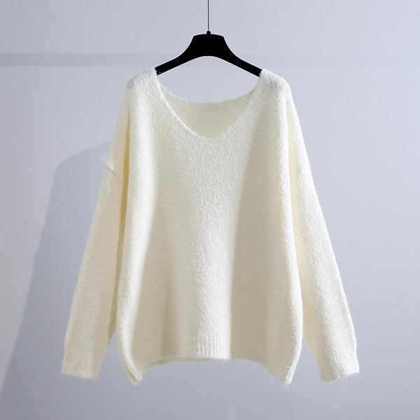 

women's sweaters soft fleece knitted women sweater pullovers autumn 2021 solid v-neck loose casual all match female pulls outwear coats, White;black