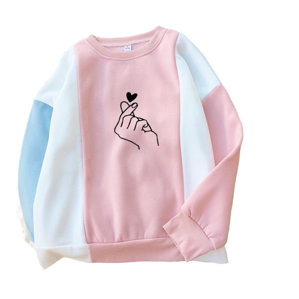 

women's hoodies & sweatshirts love heart gesture print women funny streetwear casual harajuku kawaii o-neck fleece colorblock splicing, Black