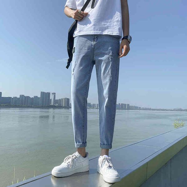 

men's jeans portrait ripped brim trouser hole for korean will see trending teen men's clothing thin fit jeans plus size hip hop st, Blue