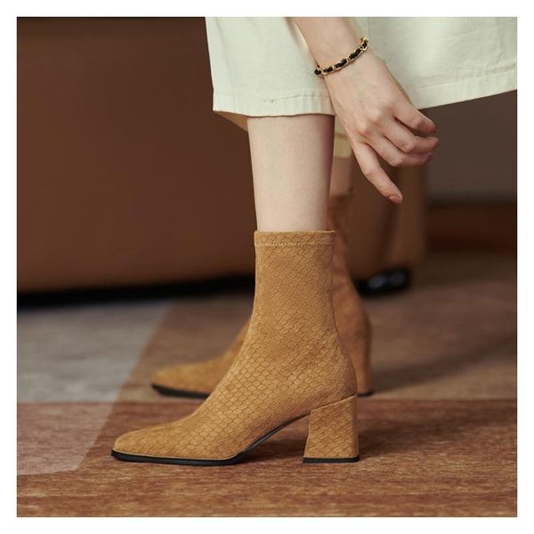 

boots 2021 autumn and winter fish pattern elastic women thin tight short side zipper thick heel, Black