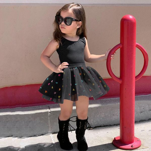 

4 toddler kids baby girls summer solid tutu gauze sequin skirt black outfits set fashion bimba clothes, White