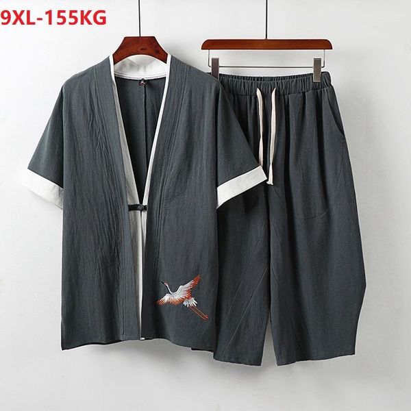 

men's casual shirts summer men chinese style short sleeve shirt and shorts linen plus size 9xl 8xl tang suit oversize vintage 7, White;black