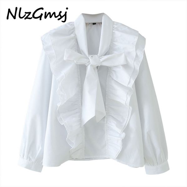 

nlzgmsj women chic bow tie collar white blouse ruffles long sleeve casual wear female shirt elegant solid blusas 210628