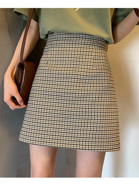 

skirts 2021 high waist thin a-line skirt temperament package hip summer plaid, Black
