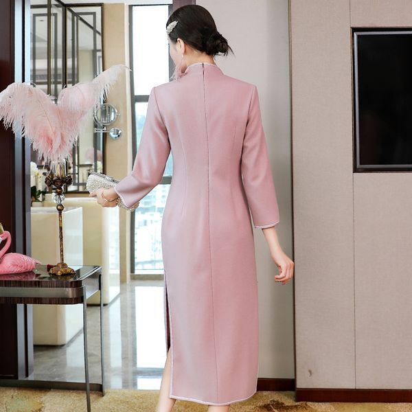 

dresses winter wool women lurex embroidery 3/4 sleeve mid-calf bodycon pink green wool blends warm xxl, Black;gray