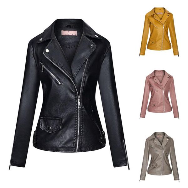 

women's wool & blends women jacket motorcycle faux leather lapel short punk cropped lady outerwear, Black