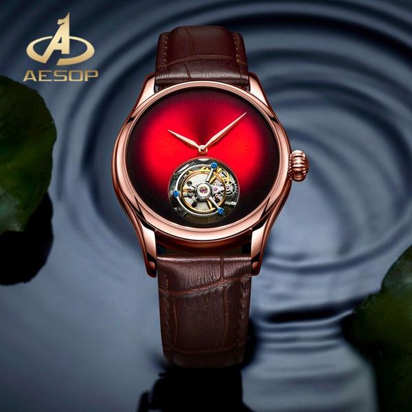 

red dial rose gold case ++ real tourbillon mechanical men's watch simple waterproof double-sided sapphire glass wristwatches, Slivery;brown