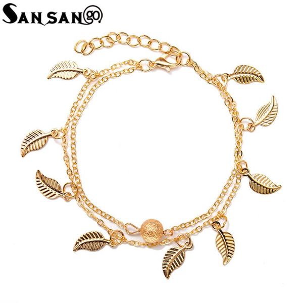 

anklets double layers leaf pendant anklet for women gold silver color chain bohemia beach foot jewelry, Red;blue