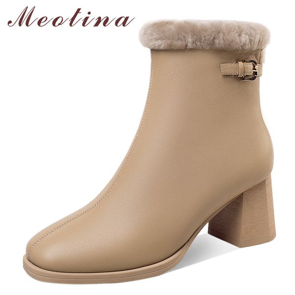 

real leather snow boots woman high heel ankle zip chunky shoes buckle square toe female short winter 42 210517, Black