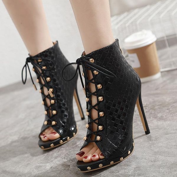 

high heel sandal for women shoes lady 2021 open toe suit female beige high-heeled block girls comfort lace up studded peep s sandals, Black