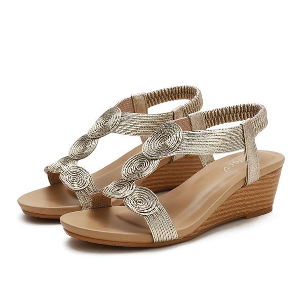 

dress shoes women fashion wedges sandals ladies metallic leather t strap pumps female mid heel plus size 36-42, Black