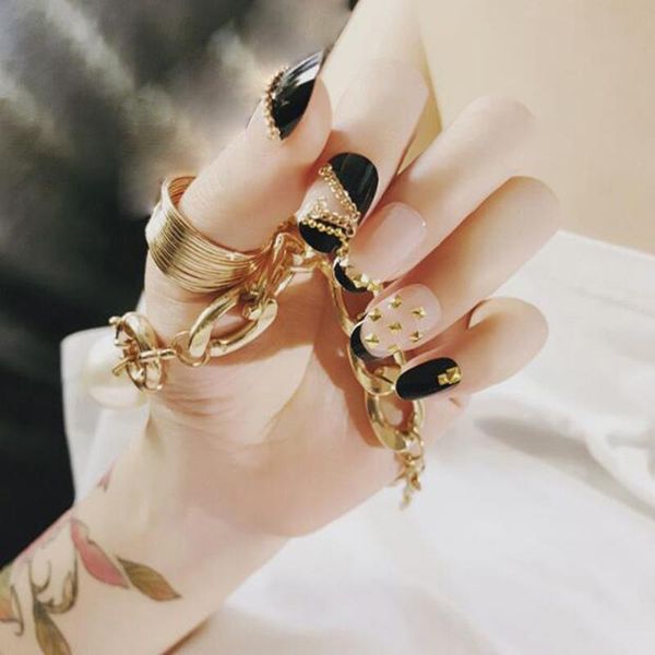 

false nails trendy 24pcs/set black fake art tips full cover manicure diy short with glue, Red;gold