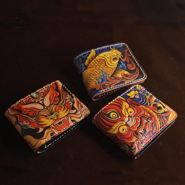 

wallets hand-made short cow leather purses men skull clutch vegetable tanned wallet card holder, Red;black