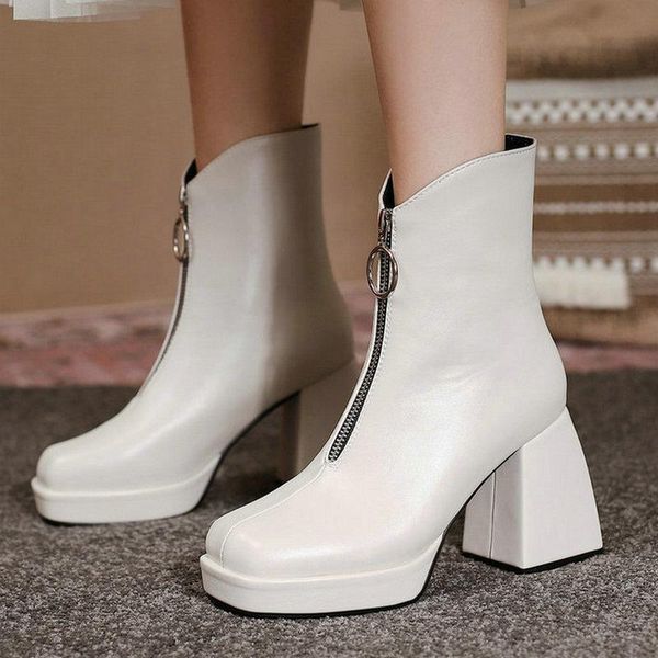 

boots 2021 autumn winter women ankle platform square high heel ladies short pu leather zipper women's plus size 43, Black