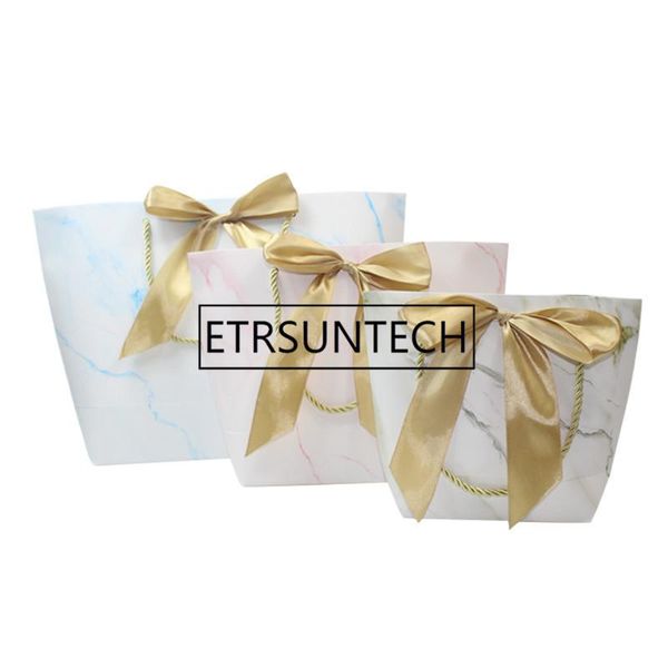 

gift wrap 100pcs/lot 3 colors large marble design paper bag with bowknot festival hand handle 42cmx12cmx27cm
