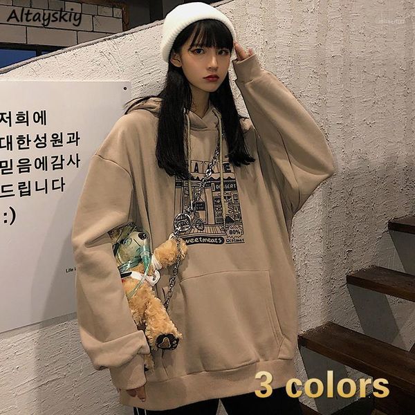 

women's hoodies & sweatshirts women printed thickening hooded plus velvet bf couples pullover sweatshirt streetwear hip-hop all-match, Black