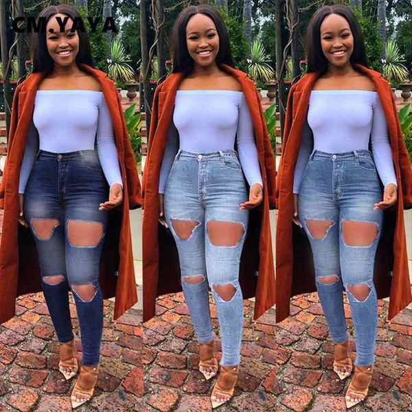 

reguilar size s-3xl full length high waist zipper fly denim pencil pants skinny elastic hole women jeans spring fall, Blue