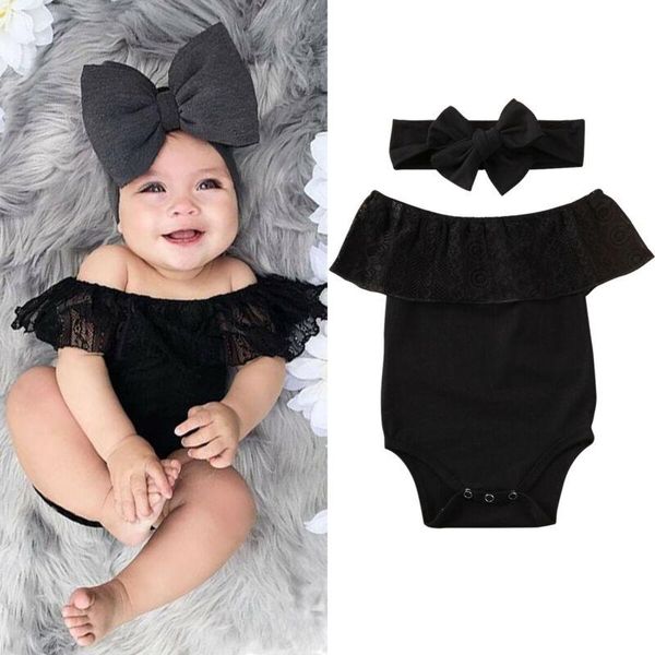 

rompers 2pcs born kid baby girl bodysuits headband clothes lace floral off shoulder jumpsuits summer outfit set, Blue