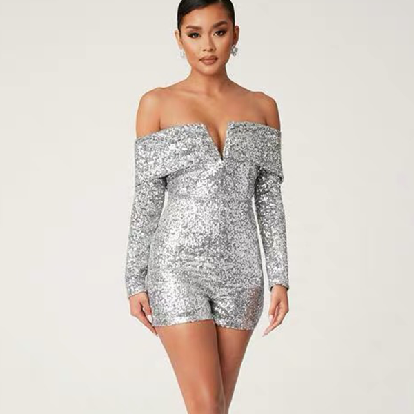 

women's jumpsuits & rompers est women palysuit long sleeve slash neck line off the shouldersequined v club evening celebrity luxury par, Black;white